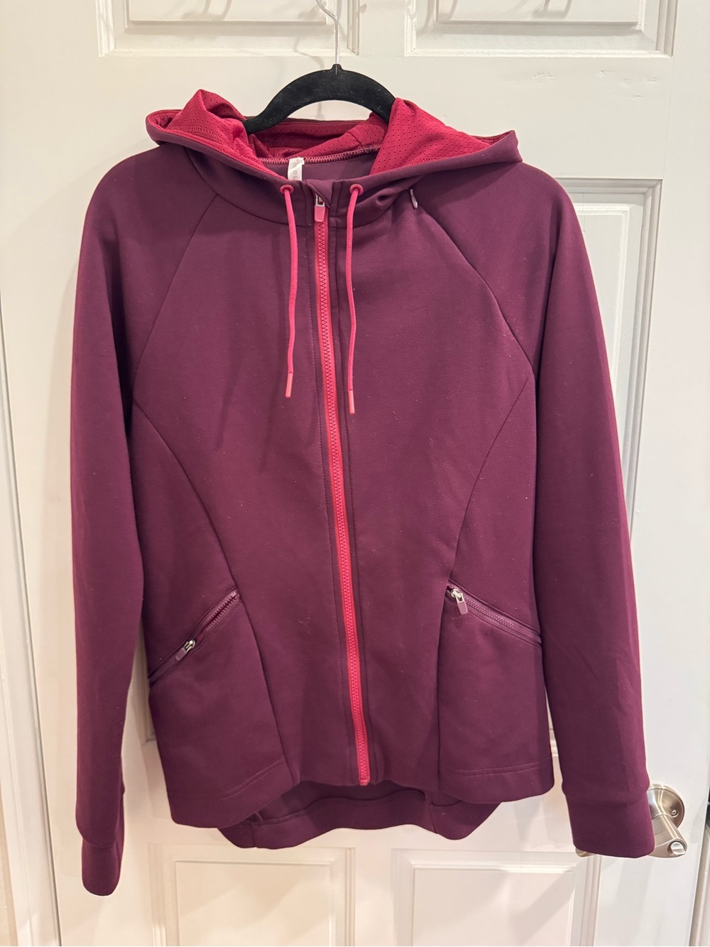 Fabletics Maroon Hooded Zip-Up Jacket with Pink Accents
